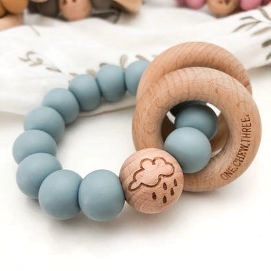 Elements Silicone & Wood Rattle Teether Blue Clouds by One Chew Three