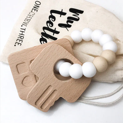 KEYS TO MY HEART Silicone and Beech Wood Teether by One Chew Three - White